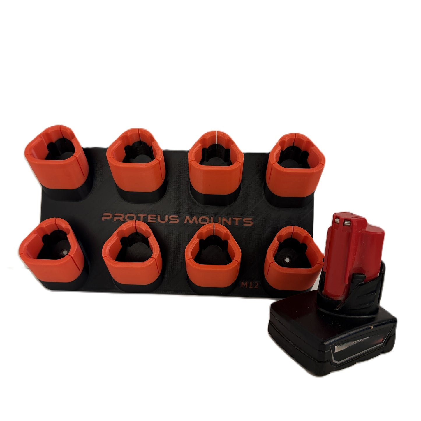 M12 Battery Organizer – Holds up to 8 Milwaukee M12 Batteries – Heavy-Duty Wall Mount Storage Rack – Made in USA- Proteus Mounts Secure-Lock
